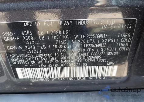 2013 Subaru Outback 2.5I Premium z USA, uszkodzony, nr VIN 4S4BRBGC0D3272509